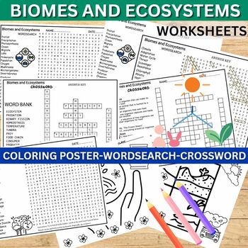 Preview of Biomes and Ecosystems Worksheets Activity, WordSearch- Crossword-Coloring pages