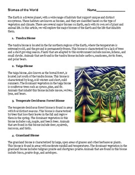 Preview of Biomes of the World Guided Reading & Comprehension Questions