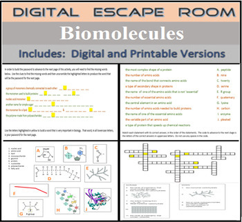 Preview of Biology Biomolecule Digital Escape Room Breakout - 4 Formats & Distance Learning