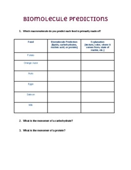 Preview of Biomolecules Prediction Worksheet (And Digital Activity)