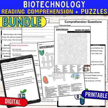 Preview of Biotechnology Worksheets Reading Comprehension Puzzles,Digital & Print BUNDLE