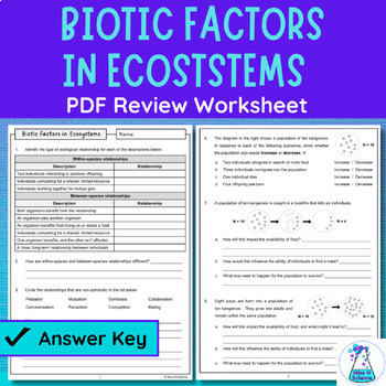 Preview of Biotic Factors in Ecosystems PDF Revision Worksheet | Ecology Review Activity