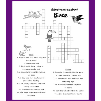 Birds Crossword Puzzle by Maple Minds TPT
