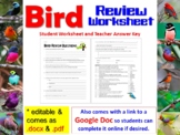 Bird Review Worksheet for Biology & Zoology (Paper Copy & 