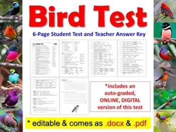 Preview of Bird Test for Biology & Zoology : Editable, Paper & Online Digital Versions
