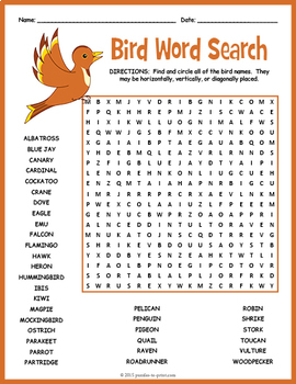 Names of Birds Worksheet - No Prep Birds Word Search FUN ...