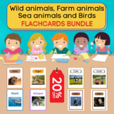Birds, Farm, Sea and wild animals bundle flashcards. Printable posters for kids