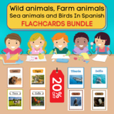 Birds, Farm, Sea and wild animals bundle flashcards in spanish.