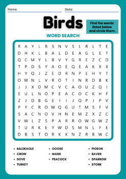Preview of Birds Names Vocabulary Word Search Worksheets Puzzles - Fun Class Activities
