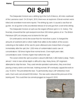 Preview of Birds Nonfiction Reading Comprehension Passage 6: Oil Spill (Grade 4-5)