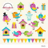 Birds vector clipart, spring clipart, nesting box clipart CL006