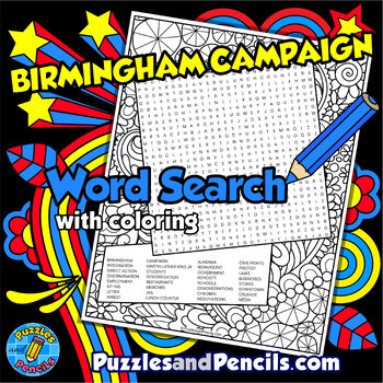 Preview of Birmingham Campaign Word Search Puzzle with Coloring | Black History Month