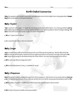 Preview of Birth Defect Symptom Scenario and Question Worksheet for Child Development