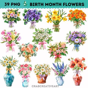 Preview of Birth Month Flower Clipart, Watercolor Birth Month Flower, Watercolor Floral PNG