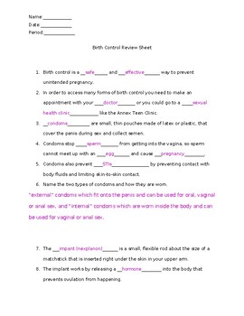 Preview of Birth control Methods worksheet