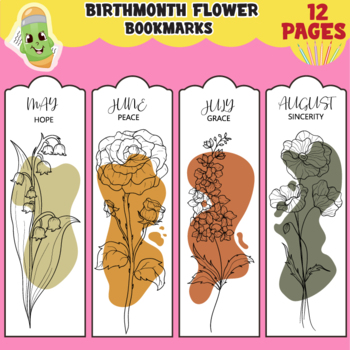 Preview of Birth month flower book marks, Printable bookmark, flower coloring pages, flower