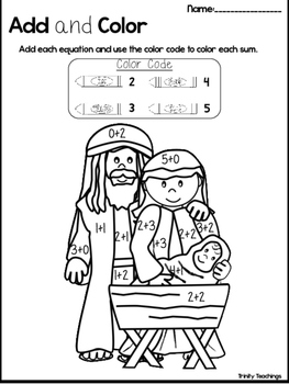 birth of jesus add and color worksheets preschool kindergarten bible study