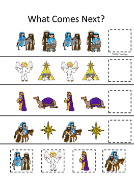 Preview of Birth of Jesus themed What Comes Next preschool printable game.