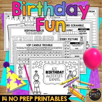 Preview of Birthday Activity Book No Prep Worksheets Packet Gift Headband Word Search