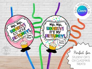 Preview of Birthday Balloon Crazy Straw Label | Canva Editable | Student or Classmate Gift