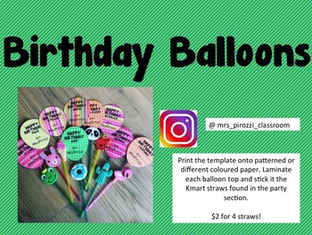Birthday Balloon Straw Toppers, Birthday gift for students, Editable