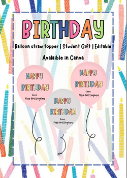 Birthday Balloon Straw Toppers, Birthday gift for students, Editable