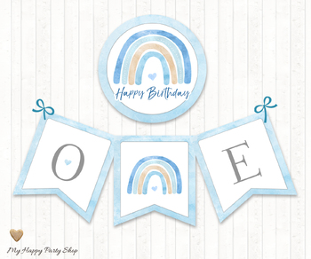 Preview of Birthday Banner, One, Chair Banner, Blue Rainbow, First Birthday, PRINTABLE