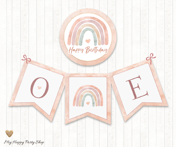 Preview of Birthday Banner, One, Chair Banner, Blush Rainbow, First Birthday, PRINTABLE
