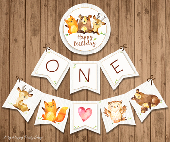 Preview of Birthday Banner, One, Chair Banner, Woodland Animal, Classroom Decor, PRINTABLE
