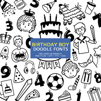 Preview of Birthday Boy Doodle Fonts, Instant File otf, ttf Font Download