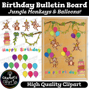 Preview of Birthday Bulletin Board Ideas Kit with Jungle Monkeys Themed Letters and Borders