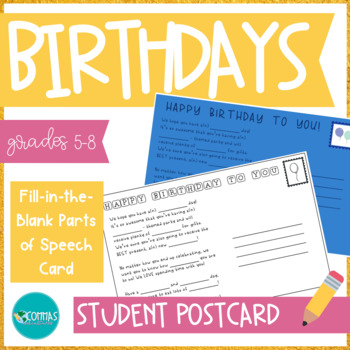 Preview of Parts of Speech Student Birthday Card