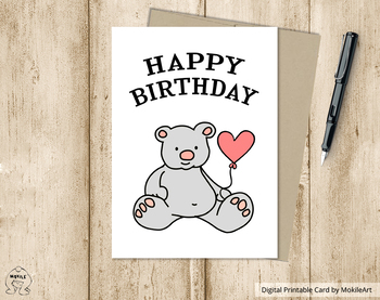 Preview of Birthday Card - printable file.  bear with ballons