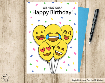 Preview of Birthday Card  - printable file. funny Happy birthday card - balloons - emoji