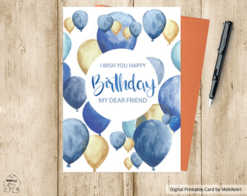 Preview of Birthday Card - printable file.  lovely water color card balloons card