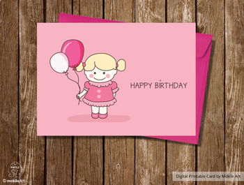 Preview of Birthday Card  - printable file. girl with balloons sweet birthday card