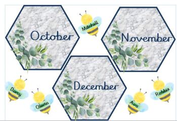 Preview of Birthday Chart for Classroom Hexagon Bees Marble