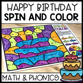 Preview of Birthday Coloring Activity | Spin and Color Math and Phonics