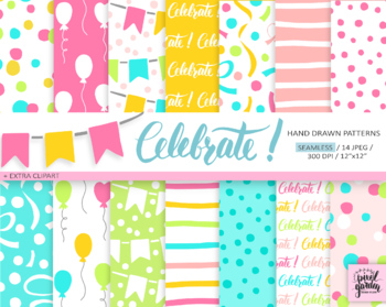 Birthday Digital Paper. Hand Drawn Party, Celebration, Balloon, Banner ...