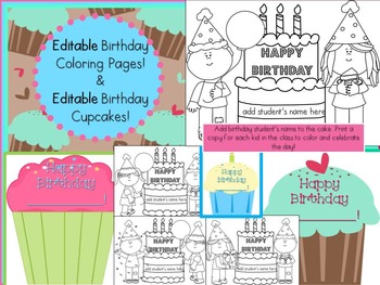 Preview of Birthday Editable Coloring Pages and Cupcake Cards- Editable