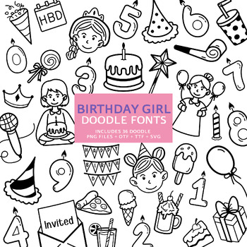 Preview of Birthday Girl Doodle Fonts, Instant File otf, ttf Font Download