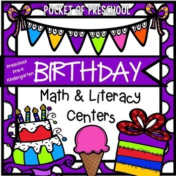 Birthday Math and Literacy Centers for Preschool, Pre-K, and Kindergarten