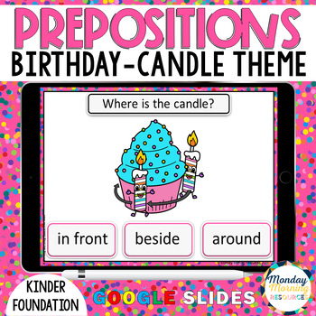 Preview of Birthday Prepositions- Positional Vocabulary Google Slides for Kindergarten