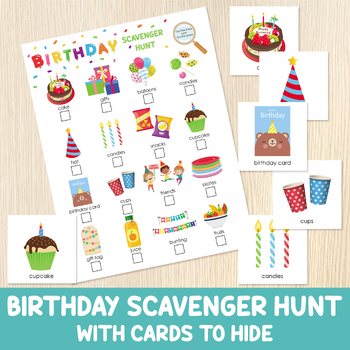 Preview of Birthday Scavenger Hunt With Cards To Hide, Birthday Indoor Treasure Hunt, Game