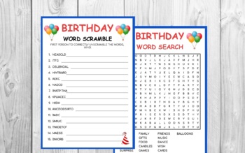 Preview of Birthday Word Scramble & Word Search | Kid Games | Birthday Party Games