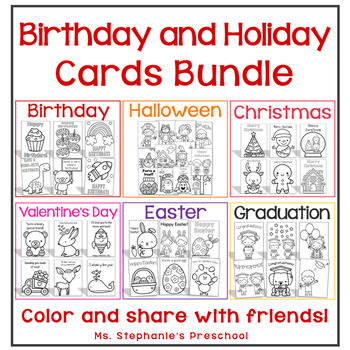 Preview of Birthday and Holiday Coloring Cards Bundle