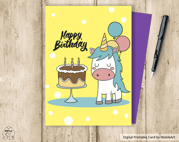 Preview of Birthday printable card, unicorn birthday cake card