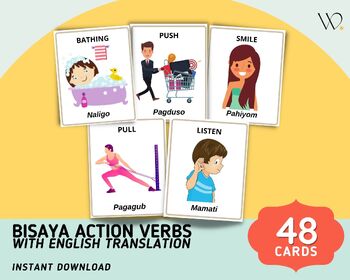 Preview of Bisaya Action Verbs Flashcards (48 Cards) with English Translation