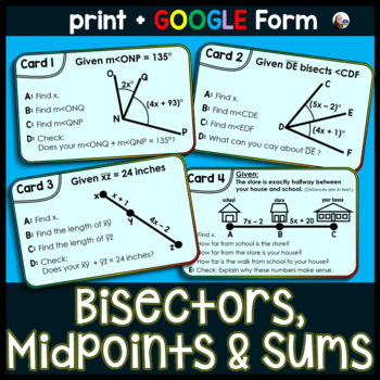 Preview of Bisectors Midpoints and Sums Task Cards Activity - print and digital