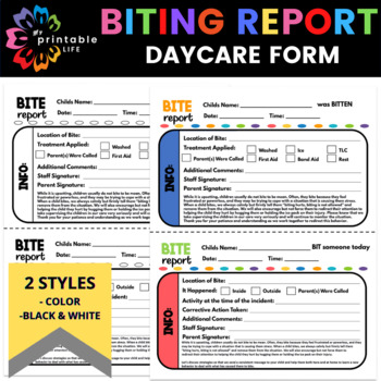 Preview of Bite Report | Daycare Biting Form | Child Care | Preschool